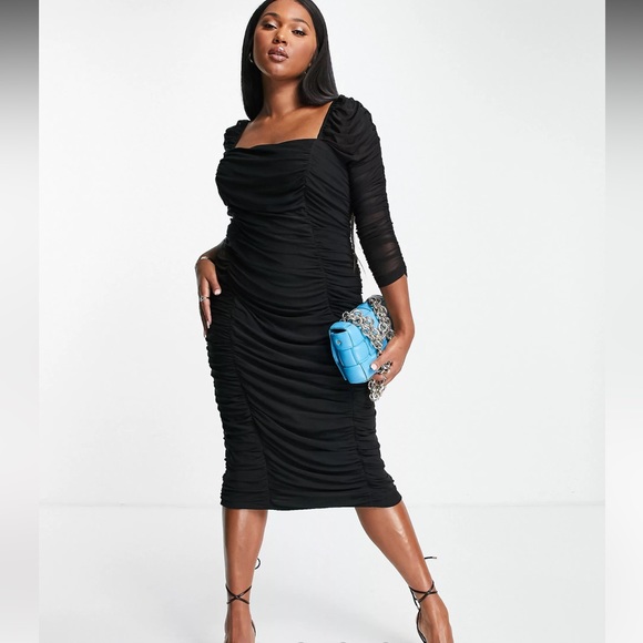 ASOS Curve Dresses & Skirts - ASOS DESIGN curve mesh ruched midi dress with puff sleeve